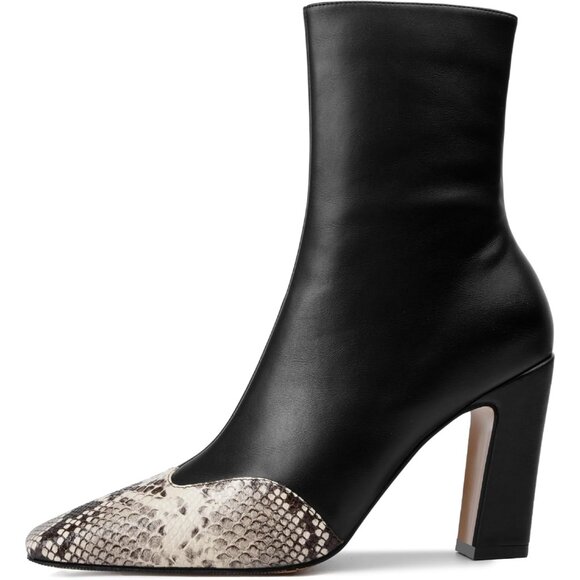 Women's Black Ankle Boots Square Toe High Block Chunky Heel Snakeskin Booties - Picture 4 of 7